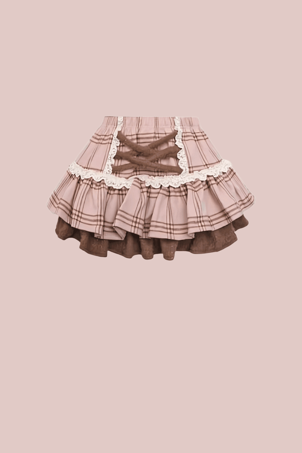 A pink plaid skirt with brown underskirt peeking through—layered like a parfait. Crisscross ribbon detailing and lace trim give it a corset-inspired edge, balancing sweetness with structure.