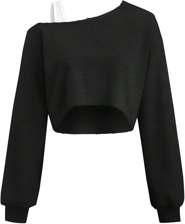 Cropped Sweatshirt Long Sleeve Top Asymmetrical Patchwork Shirt